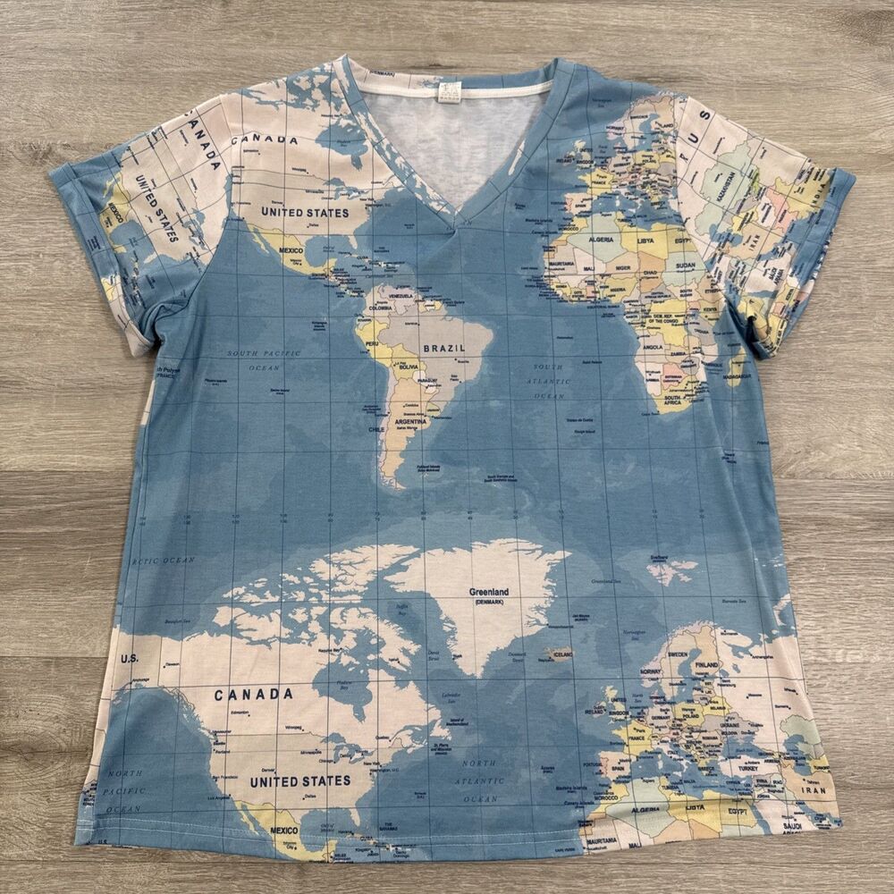 World Map Shirt Womenโs Large Blue V Neck Stretch Cuffed Short Sleeve Travel Top